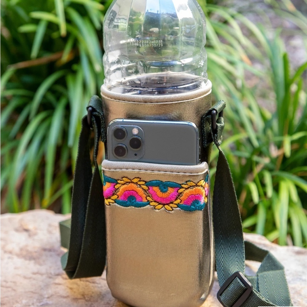 Embroidered water bottle and phone carrier, new